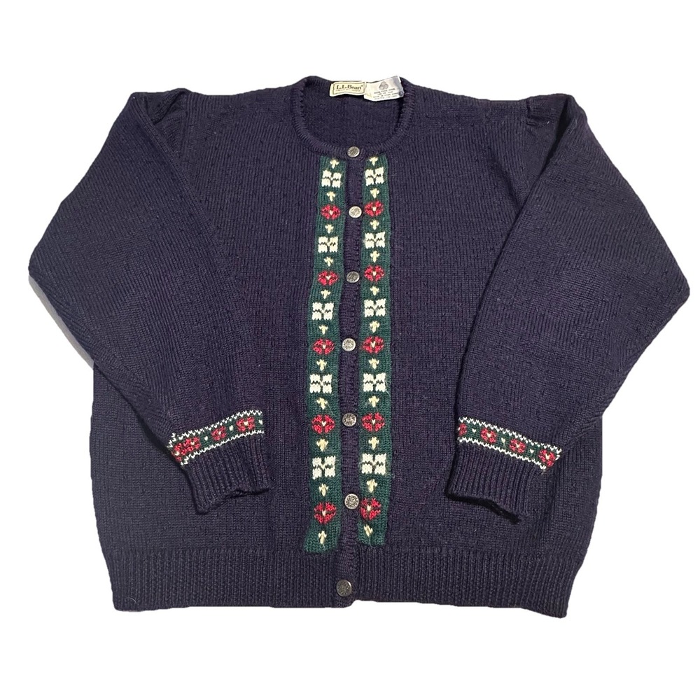 LL Bean Fair Isle Pure Wool Cardigan Sweater Womens Large Button Blue Green Red‎